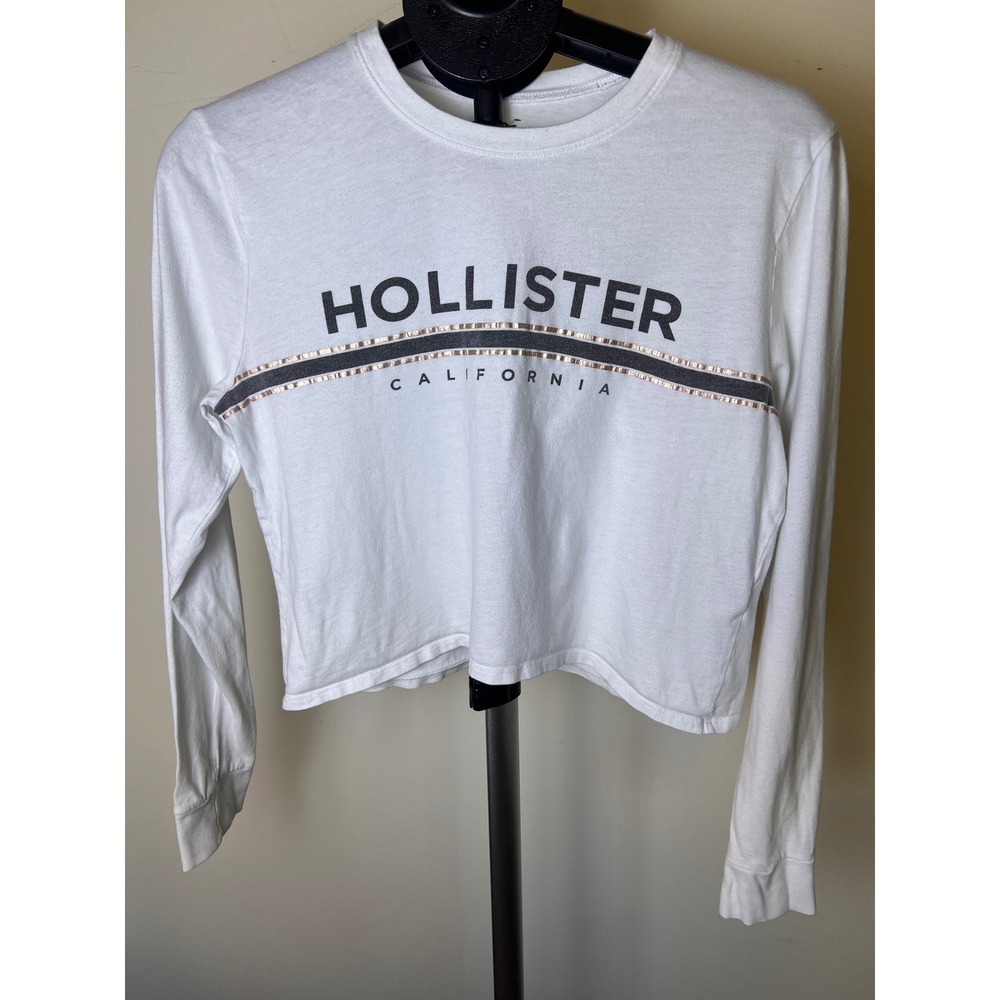Hollister Long Sleeve Graphic Tee Women XS White Y2K 100% Cotton Preppy Crop Top